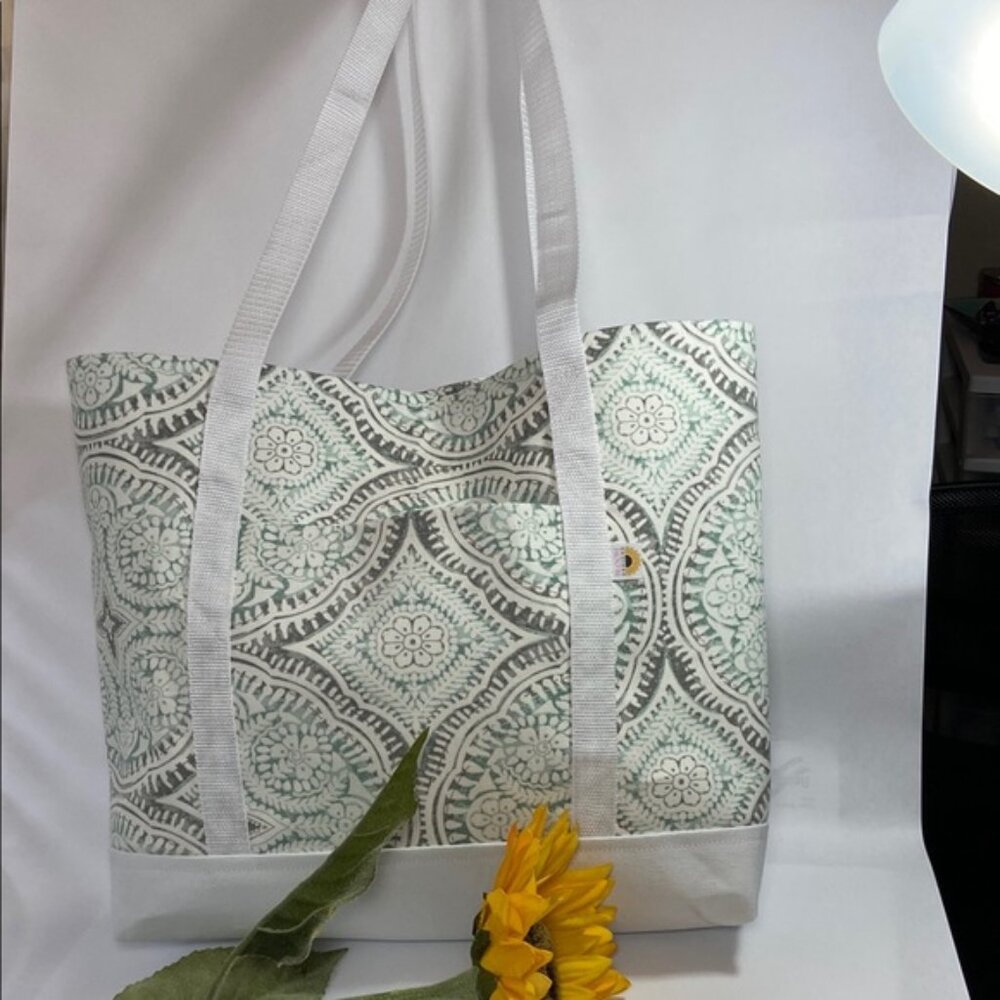 White and Turquoise Mandela Pattern Fabric Tote Bag Stylish Patterned Tote Bag - Picture 2 of 7